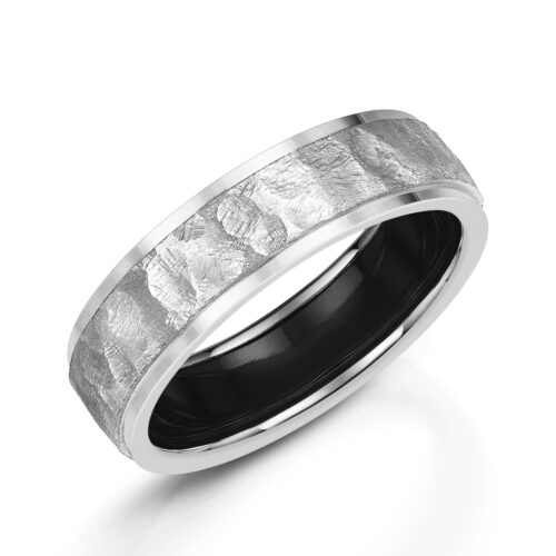 White G old Hammered, Brushed And Polished Flat Profile Ring With Zirconium Inlay