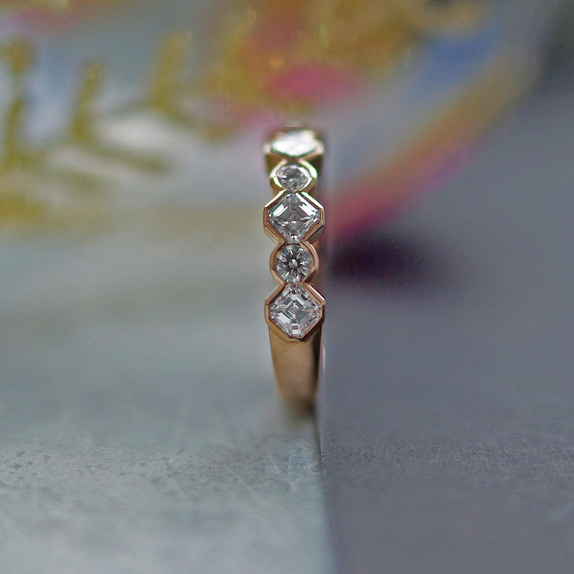Asscher And Round Brilliant Cut Diamond Half Eternity Ring Rose Gold