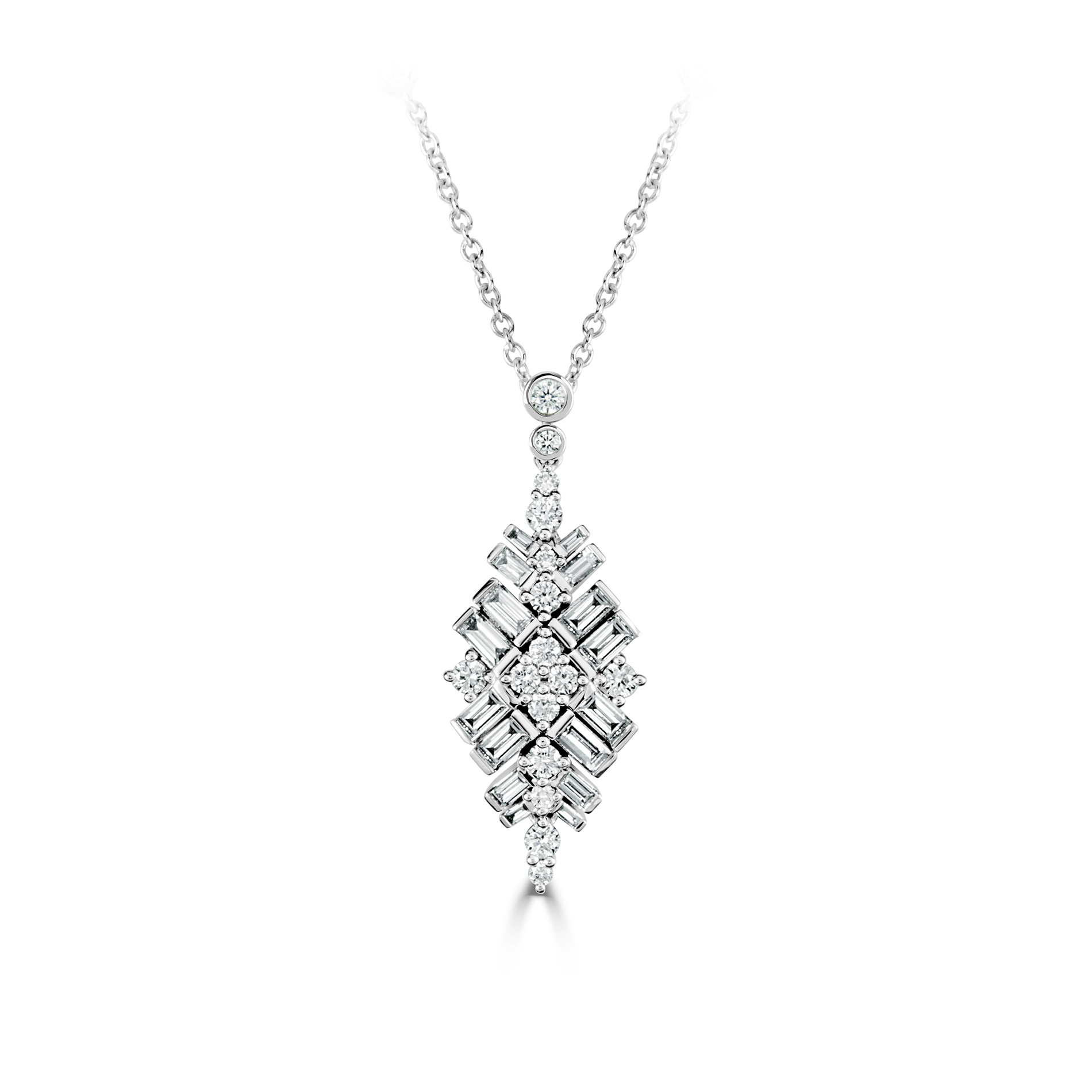Baguette & Round Brilliant Cut Diamond White Gold Drop Necklace