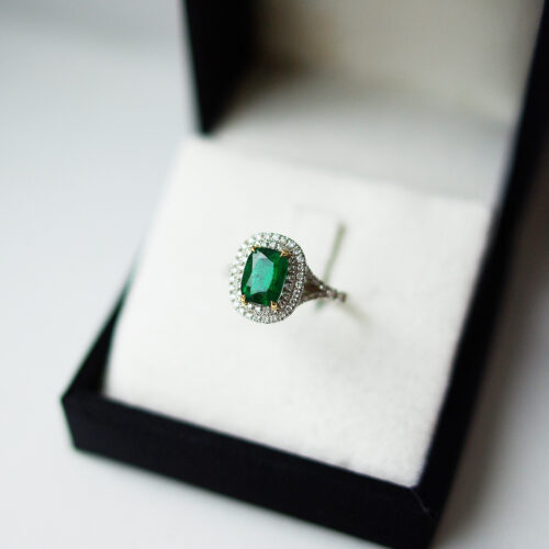 Cushion Emerald Cluster Ring Double Halo Split Shoulders