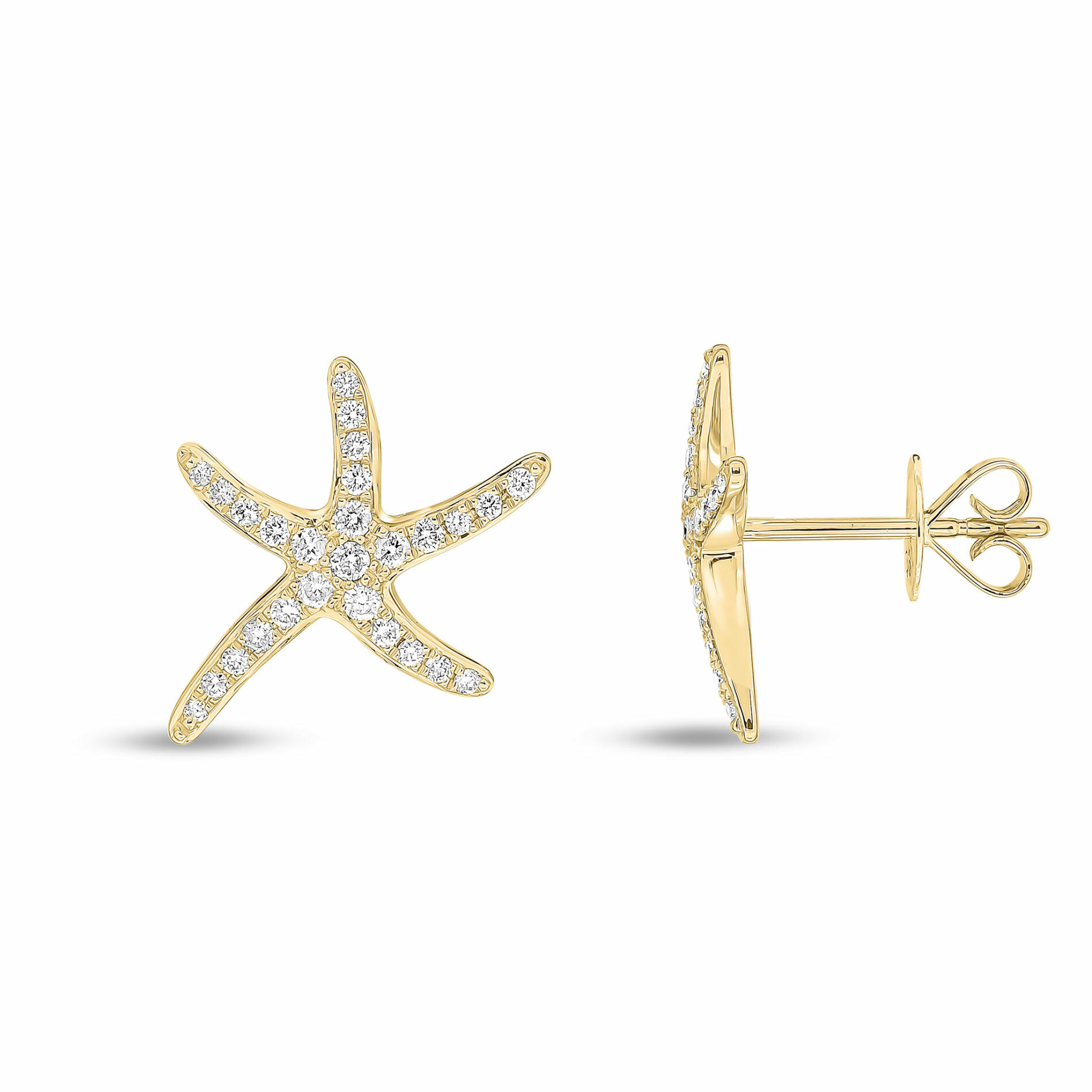 Diamond Set Starfish Studs Yellow Gold