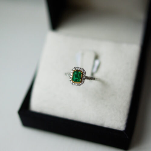 Emerald Cut Emerald Channel Pave Halo And Shoulders