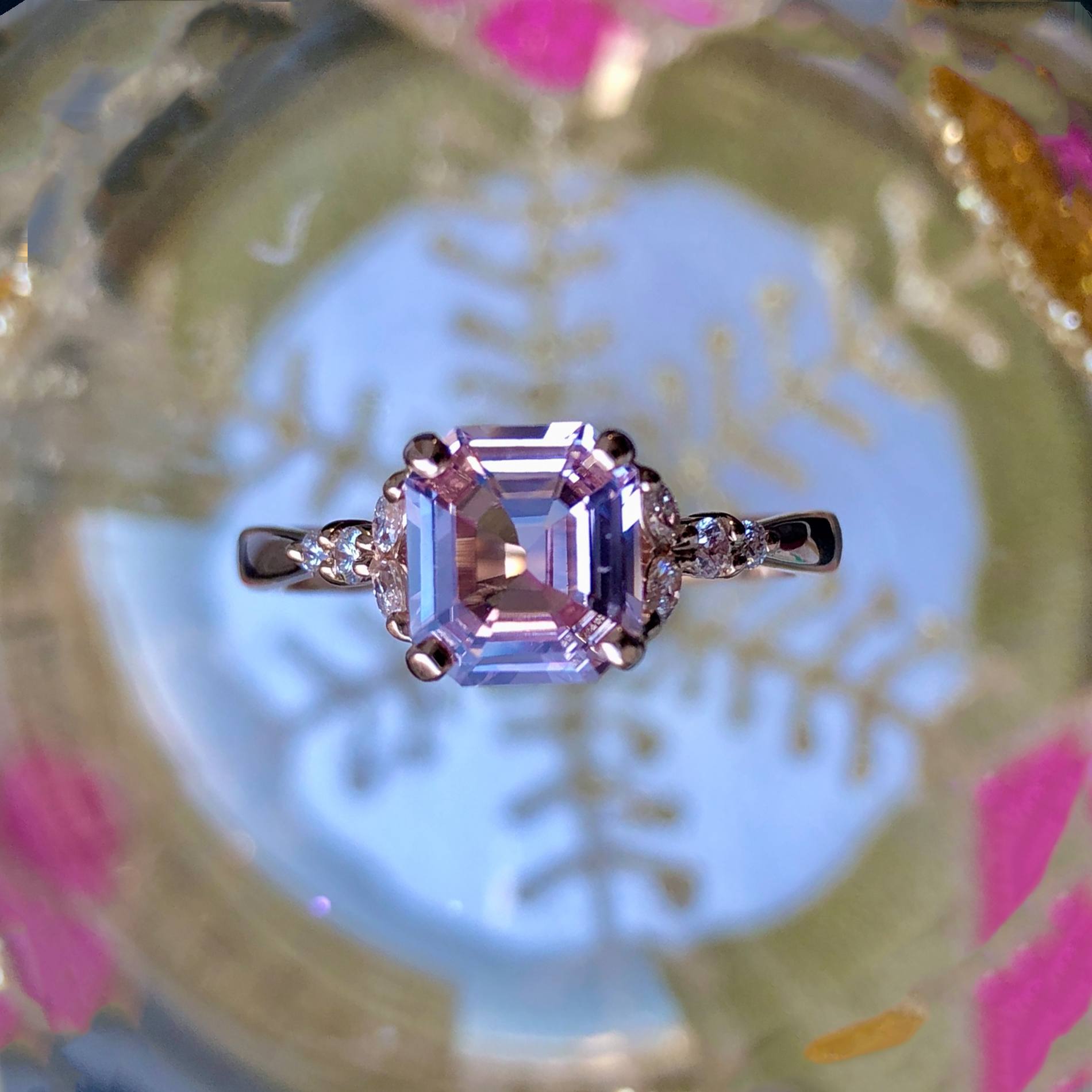 Pastel Pink Asscher Cut Sapphire And Diamond Ring