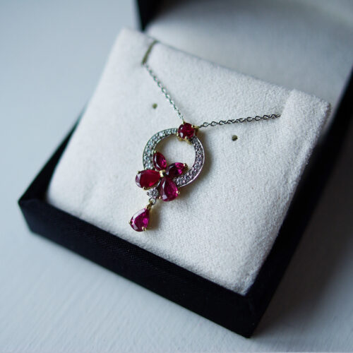 Pear And Ruby Flower Drop Pendant