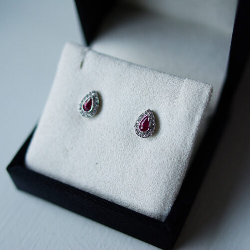 Pear Ruby And Diamond Halo Studs