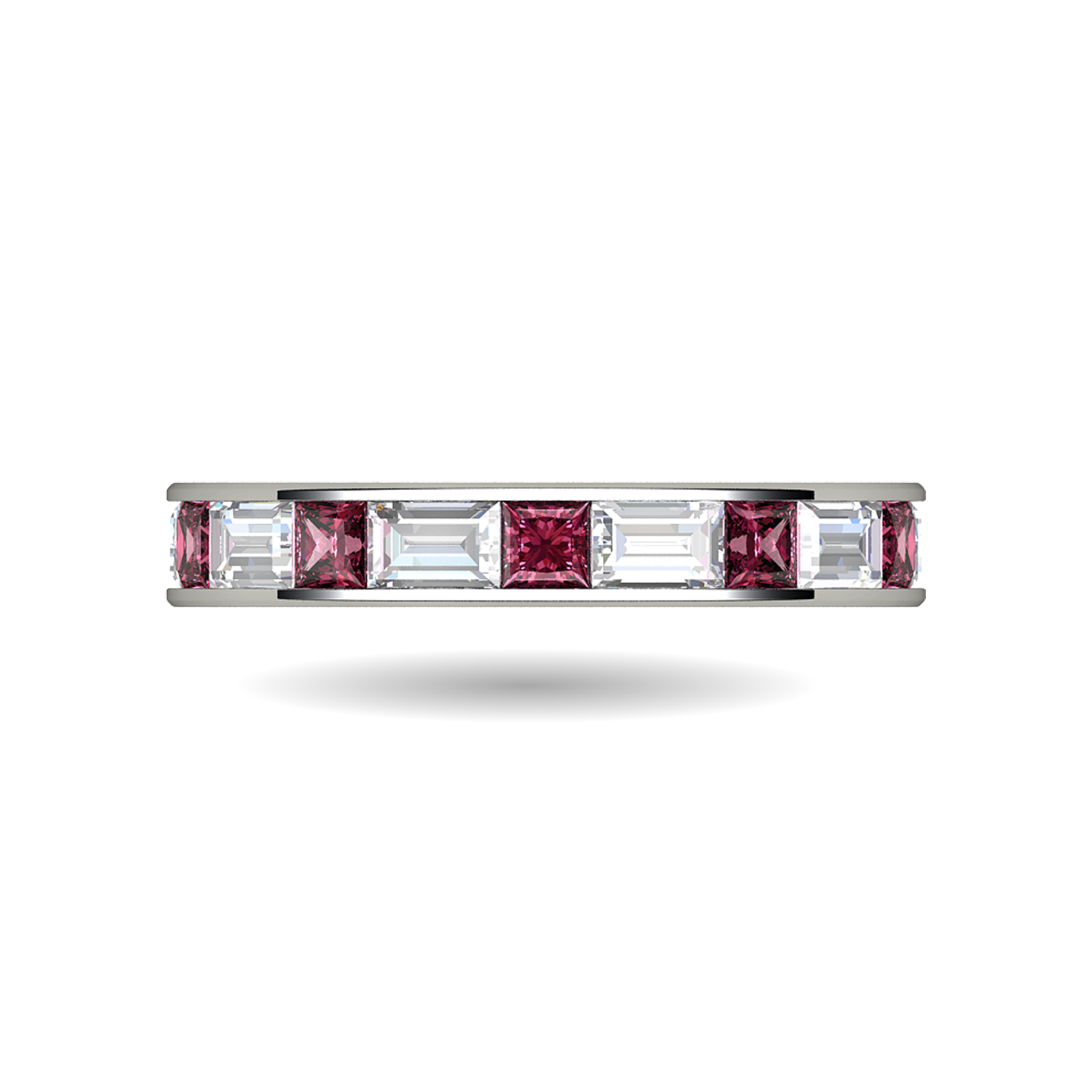 Platinum Channel Set Ring With Baguette and Princess Cut Diamonds and Ruby