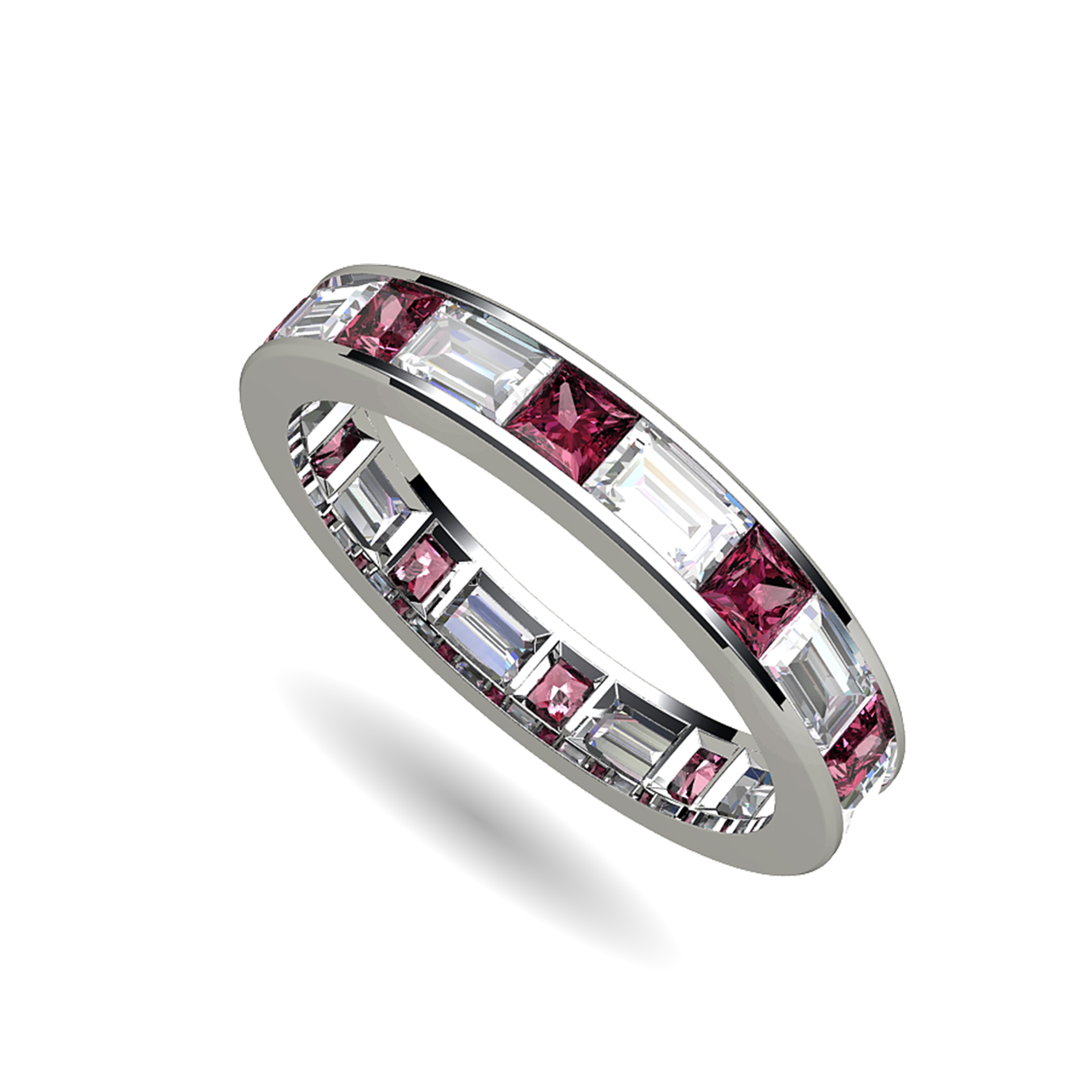 Platinum Channel Set Ring With Baguette and Princess Cut Diamonds and Ruby