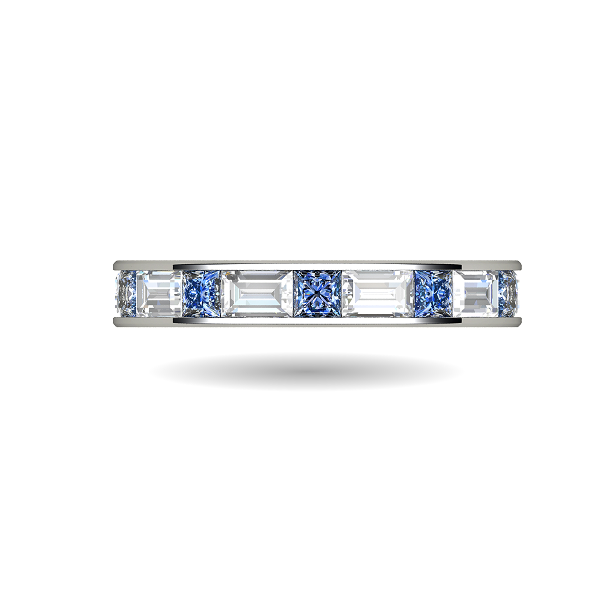 Platinum Channel Set Ring With Baguette and Princess Cut Diamonds and Sapphires
