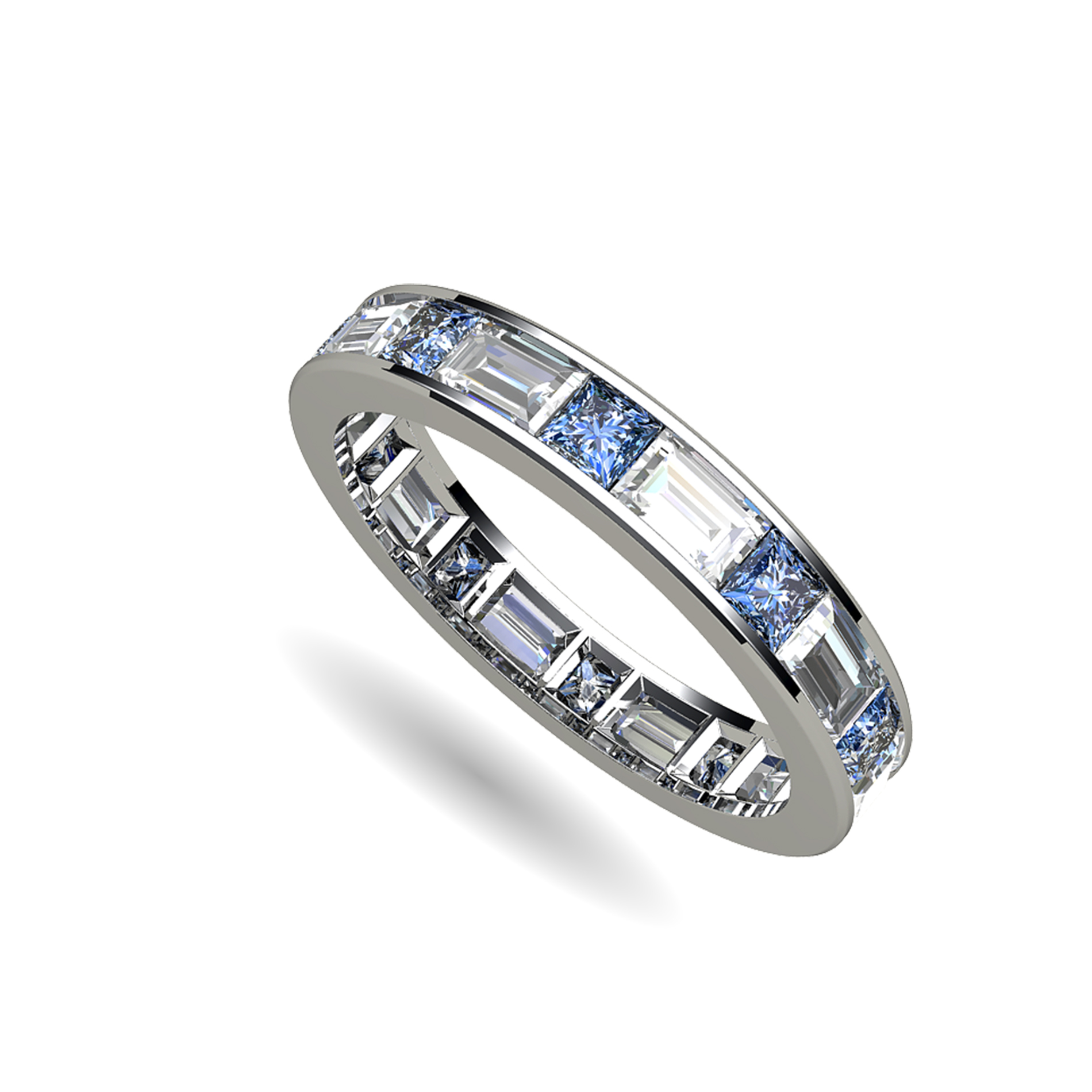 Platinum Channel Set Ring With Baguette and Princess Cut Diamonds and Sapphires
