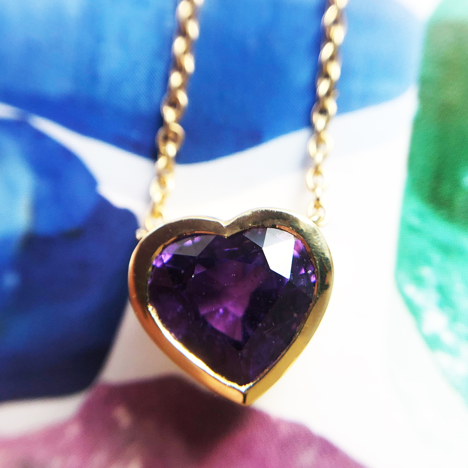 Heart Cut Purple Sapphire Rub Over Set in Yellow Gold Pendant