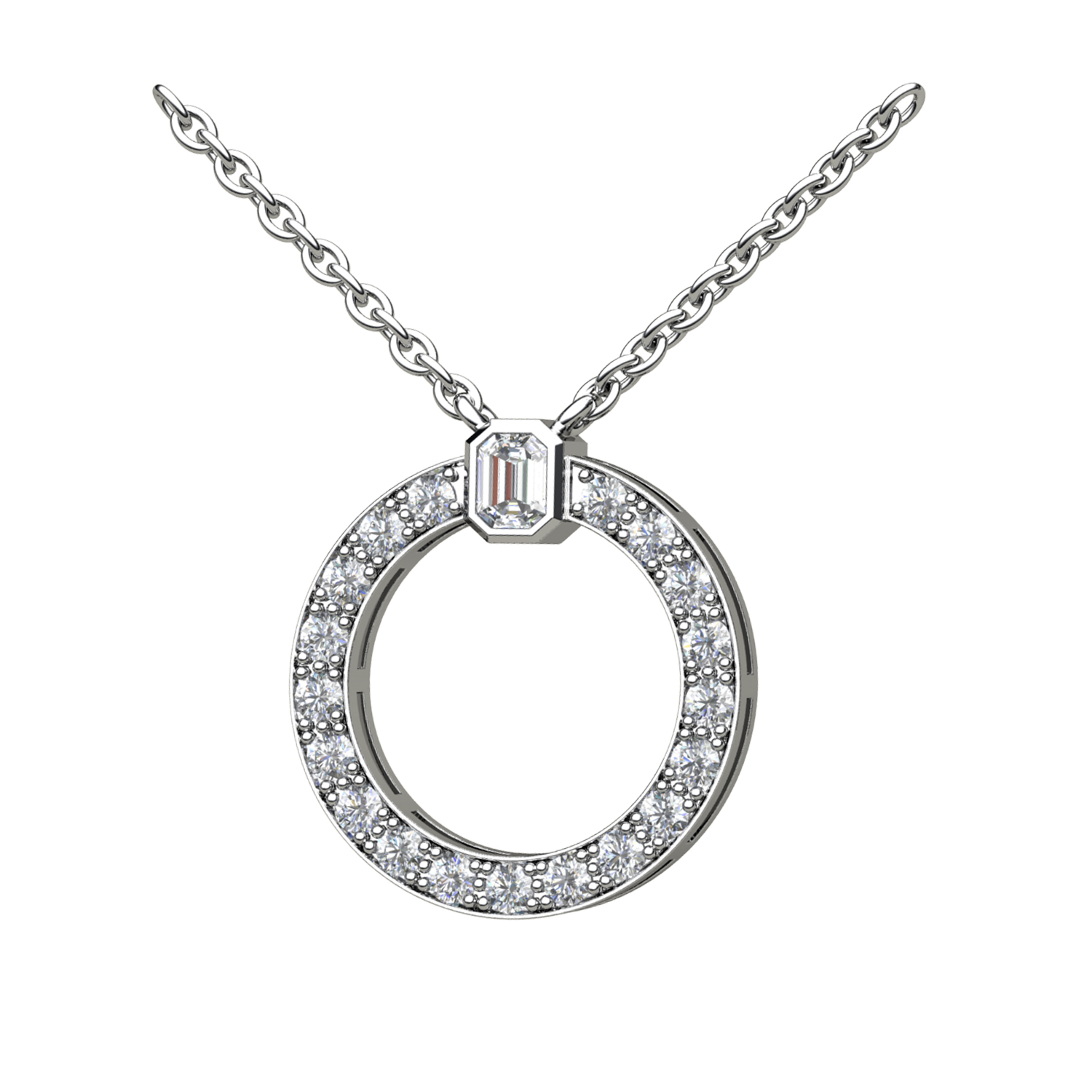 Round Halo Of Diamonds With An Emerald Cut Diamond Topper In White