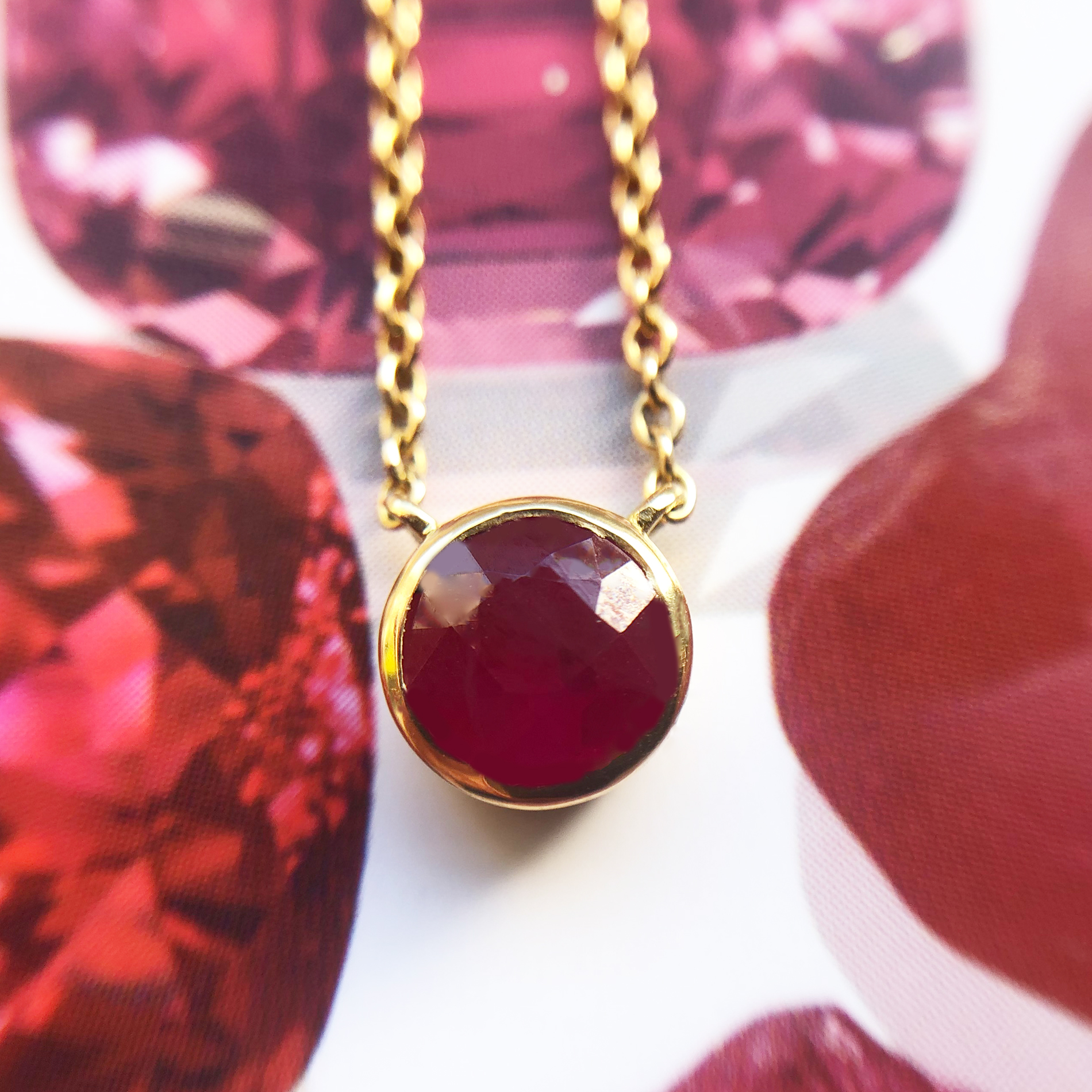 Rub Over Round Ruby Yellow Gold Pendant