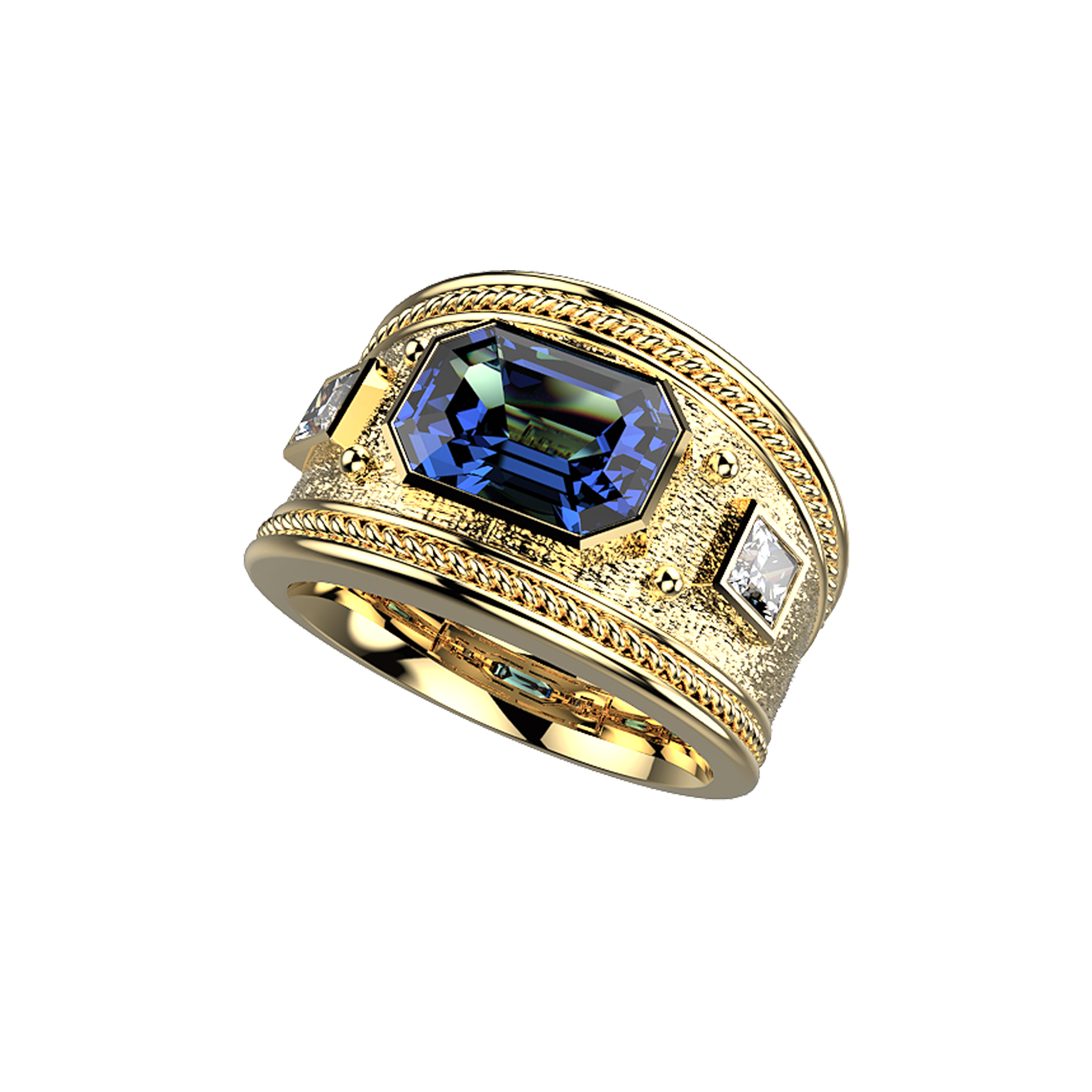 Emerald Cut Sapphire Yellow Gold Dress Ring With Princess Cut