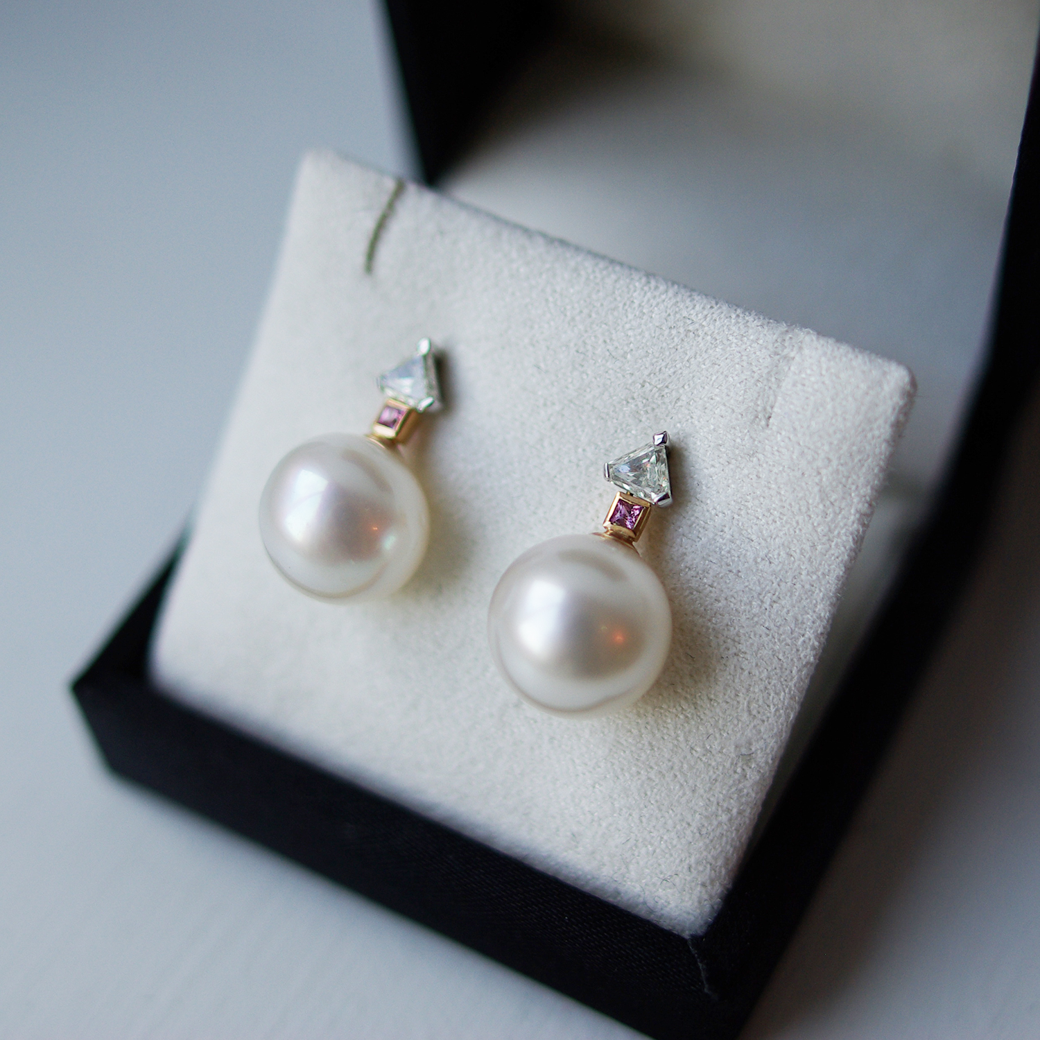South Sea Pearl Earrings With Pink Sapphires And Trilliant Diamonds