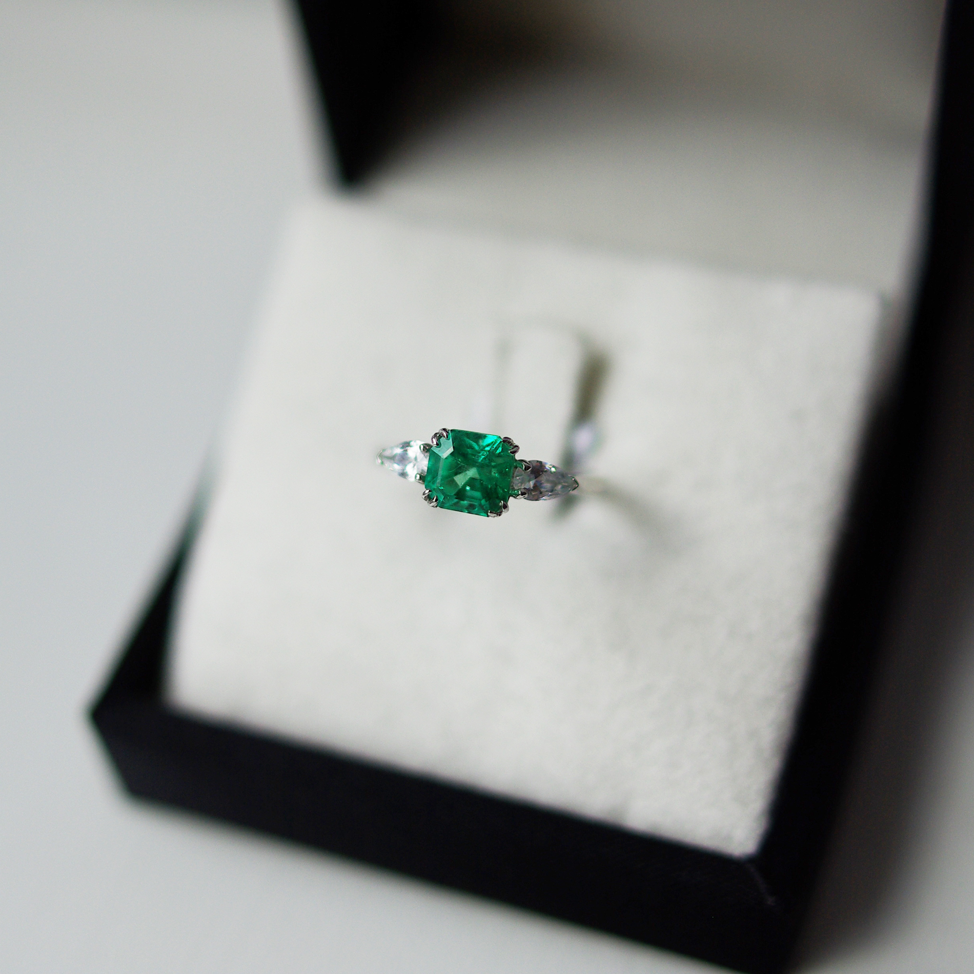 Square Emerald Cut With Pear Cut Diamond Trilogy Ring