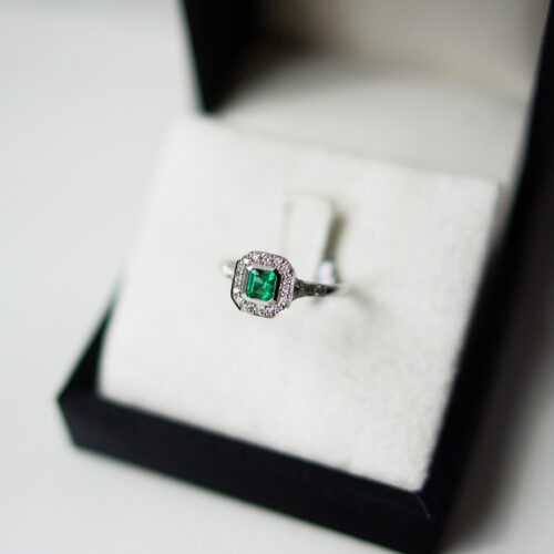 Square Emerald Cut Emerald Ring With Halo And Diamond Set Split Shoulders