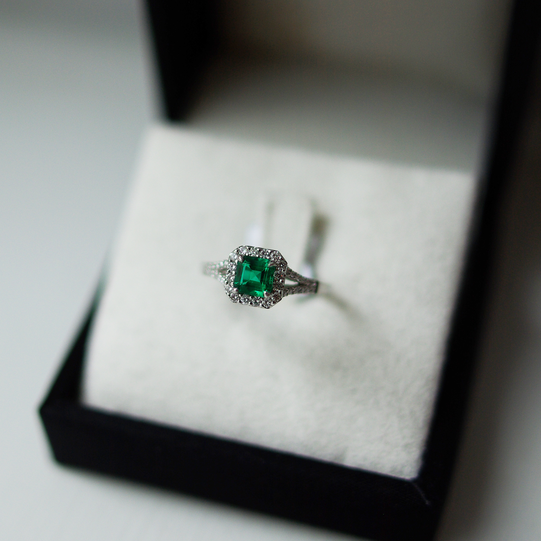Square Emerald Cut Emerald Ring With Halo And Diamond Set Split Shoulders