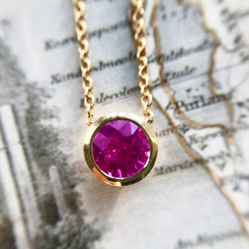 Vivid Hot Pink Sapphire Pendant Rub Over in Yellow Gold